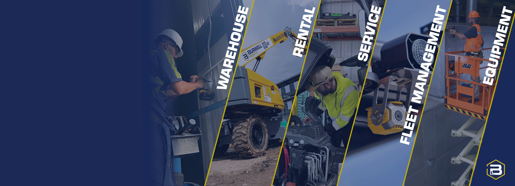 Burwell Material Handling web banner featuring five service categories — Warehouse, Rental, Service, Fleet Management, and Equipment — displayed across diagonal photo panels showing technicians and heavy equipment at work, on a navy blue background.