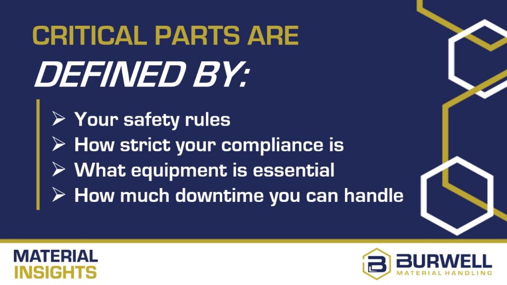 Critical parts are defined by: your safety rules, how strict your compliance is, what equipment is essential, parts consignment for forklift fleets, and how much downtime you can handle.
