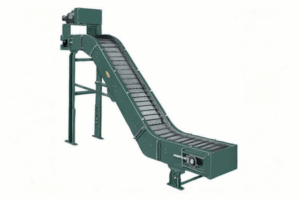 A green industrial conveyor belt system with a slanted design, supported by metal legs and equipped with a motor at the top, used for transporting materials in a factory or warehouse setting.