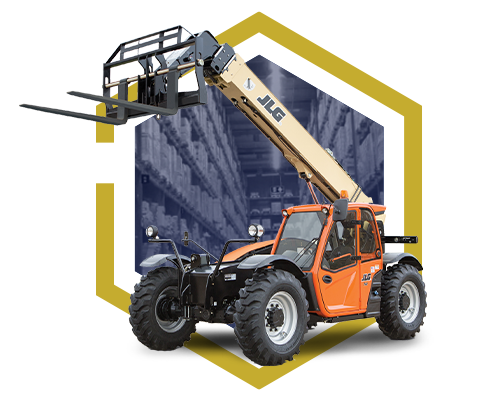 An orange JLG telehandler with large tires and an extended forklift arm, ideal for moving material handling parts, is positioned in front of a hexagonal graphic overlaying a warehouse shelving background.