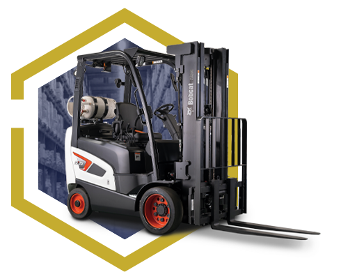 A black and white forklift with red wheels, used for material handling parts, is positioned in front of a hexagon graphic with a warehouse background, viewed at an angle showing the driver's seat and lifting forks.