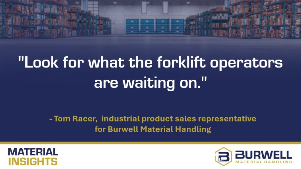 A warehouse with shelves and boxes; overlaid text reads: Look for what the forklift operators are waiting on. Below is a quote attribution to Tom Racer of Burwell Material Handling, with logos for Material Insights and Burwell.