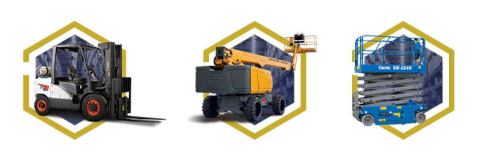 Three types of industrial equipment for material handling—a forklift, a yellow articulated boom lift, and a blue scissor lift—are each displayed in front of a hexagonal background graphic.