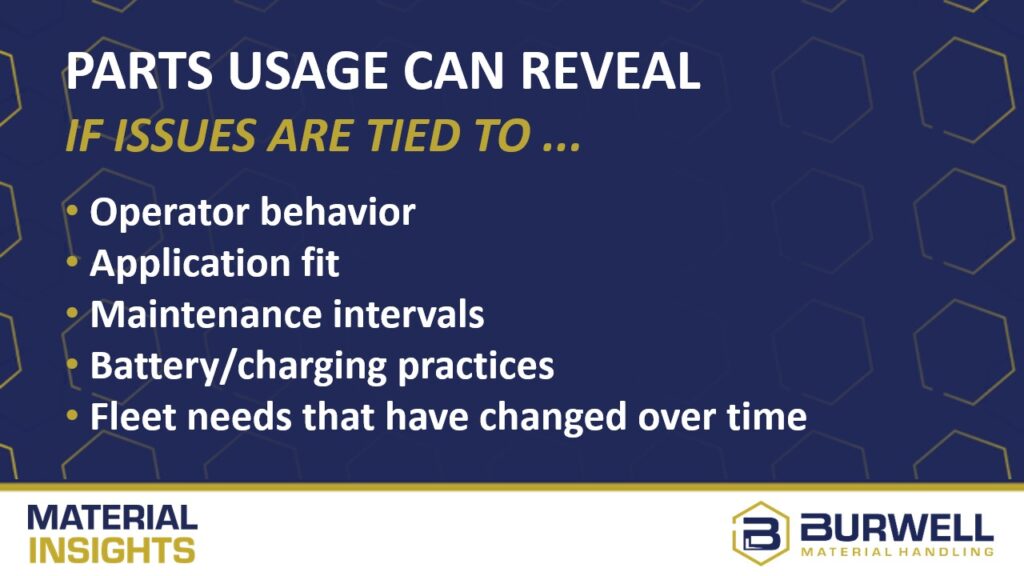Parts usage can reveal if issues are tied to... lists operator behavior, application fit, maintenance, battery practices, and changing fleet needs.
