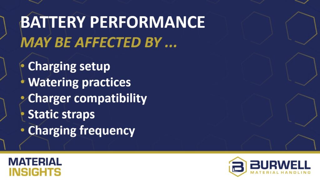 Battery Performance May Be Affected By... lists: Charging setup, Watering practices, Charger compatibility, Static straps, Charging frequency.