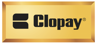 Clopay logo with black stylized text and icon on a gold rectangular background with a beveled edge.