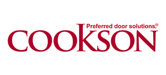 Red text logo that says COOKSON with smaller text above the last letters reading Preferred door solutions. White background.