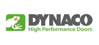 Logo with a green square featuring a white frog and the text DYNACO High Performance Doors in gray and green letters.