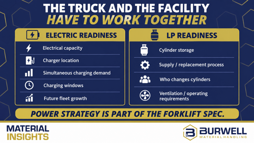 Infographic comparing electric and LP forklift readiness, listing factors like electrical capacity, charger location, cylinder storage, ventilation, and supply process.