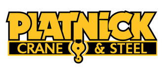 Logo for Platnick Crane & Steel. The words are in bold yellow and black, with a crane hook graphic between CRANE and & STEEL..