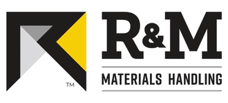 R&M Materials Handling logo with a geometric design on the left featuring black, gray, white, and yellow, and bold text R&M Materials Handling on the right.