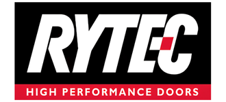Rytec logo in bold white letters on a black background, with a red bar underneath containing the text High Performance Doors in white capital letters.