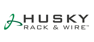 Husky Rack & Wire logo with a green abstract design to the left and bold black text on a white background.
